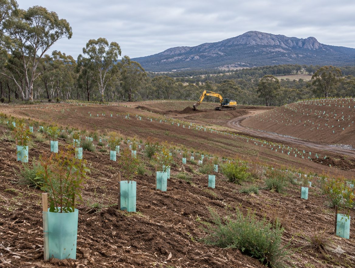 Rehabilitation earthworks on the property with the granite range behind