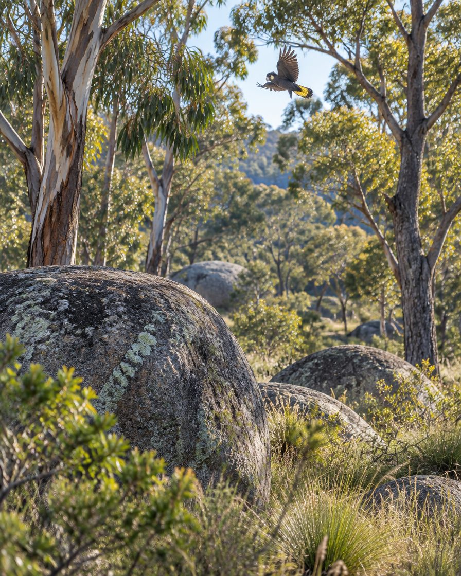 A yellow-tailed black cockatoo in flight over granite and eucalypt woodland
