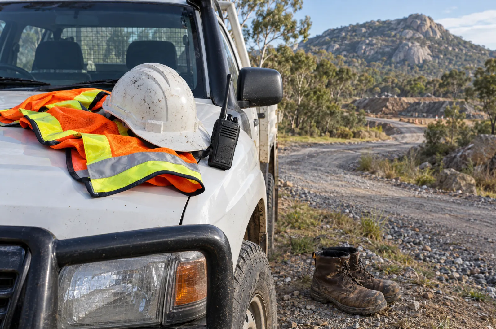 A high-vis vest, hard hat and UHF radio on the bonnet of a work ute, with safety boots beside the wheel