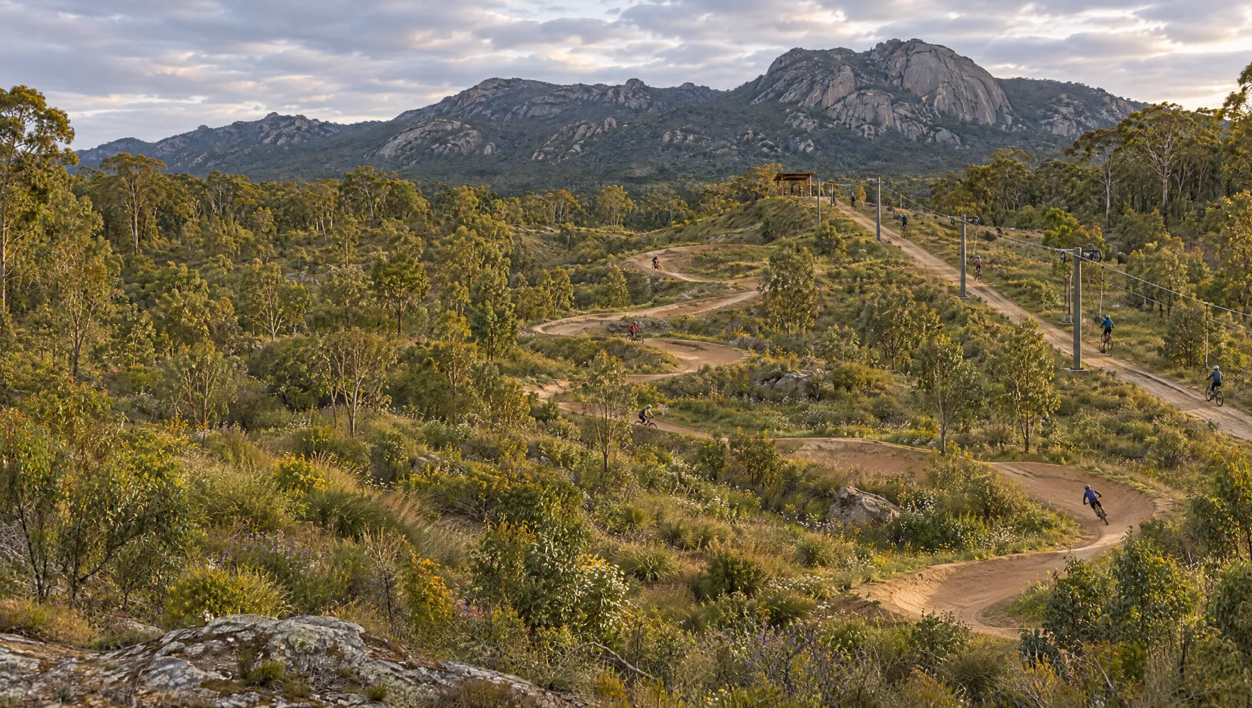 Illustration of the same view rehabilitated with native vegetation, trails, a wetland and a lookout